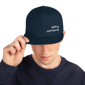 Silky Mittens White Embroidery Snap Back Flat Brim Hat